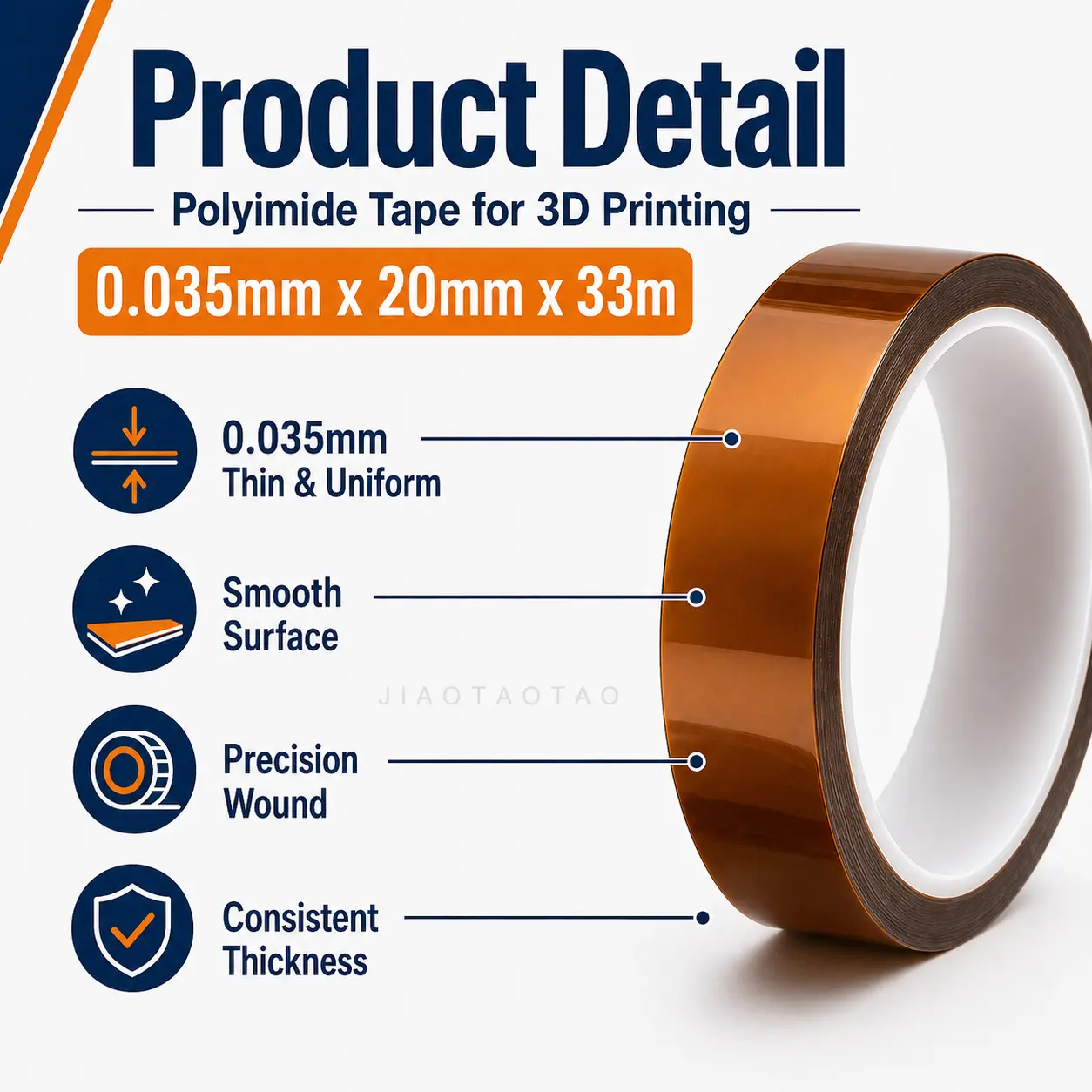 20mm polyimide tape for 3D printing, PCB masking, and industrial heat protection.